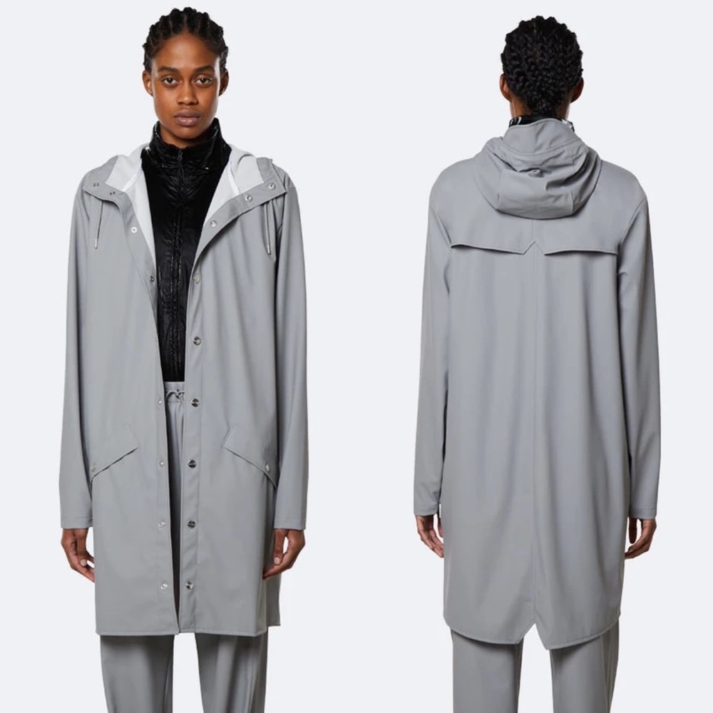 Rains | Grey Long Button Front Rain Coat w Hood